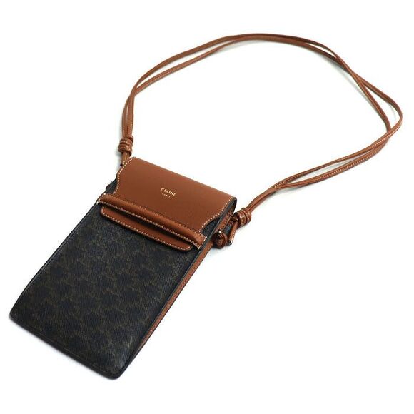 Celine Triomphe Flap Mobile Pouch Lambskin Triomphe Canvas Shoulder Bag - Picture 1 of 6